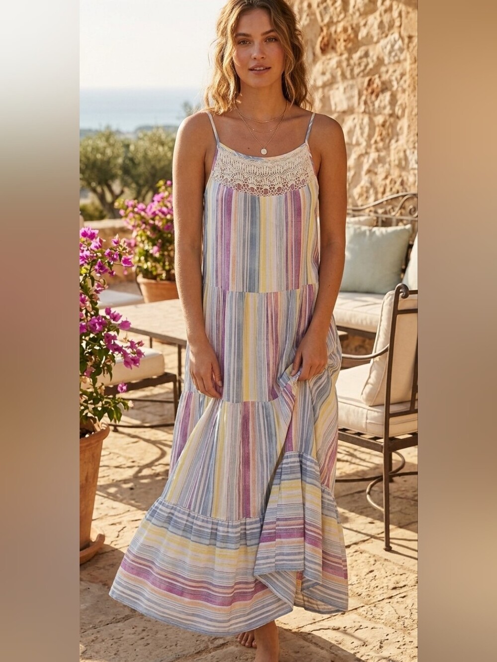 LC Lauren Conrad Striped Crochet Yoke Maxi Sundress in Pastel Stripes